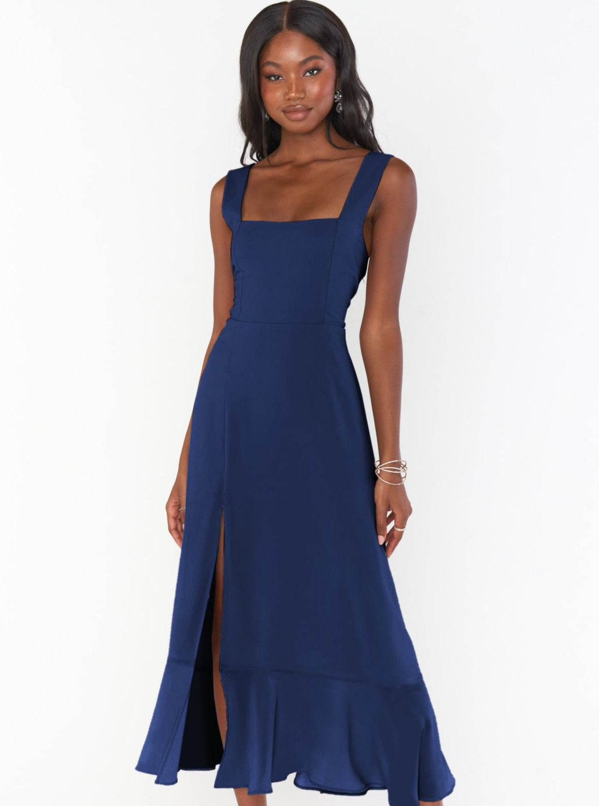 Elegant Solid Color Square Neck Midi Dress