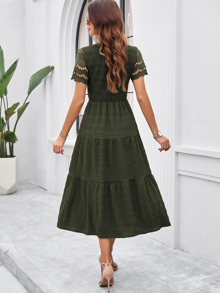 Dark Green Women's Lace Casual Mesh Midi Dress