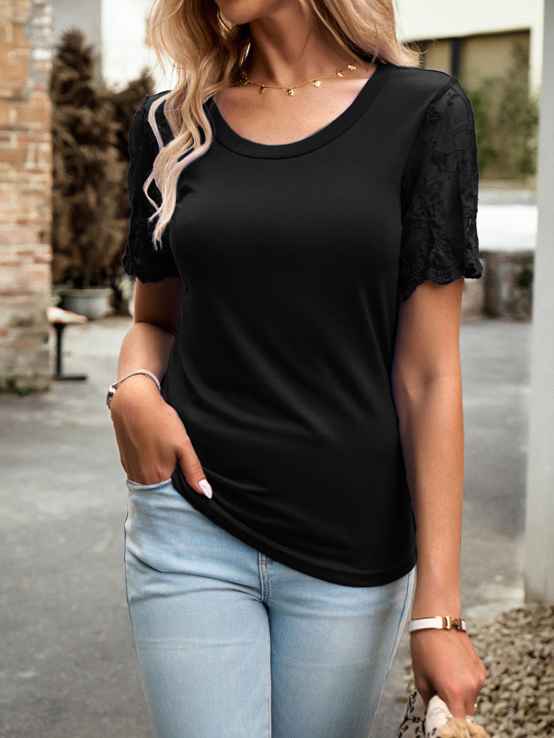 Black Round Neck Lace Sleeve T-Shirt