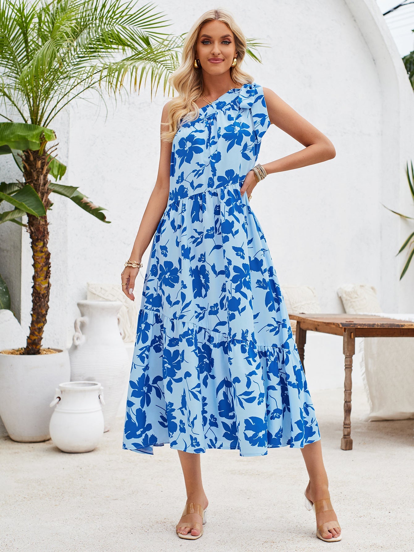 One Shoulder Floral Printed Pleated Dress