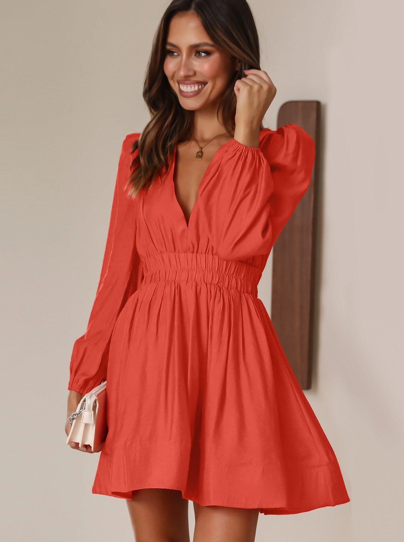 Orange Ruffled Sleeve V-Neck Pleated Short Dress