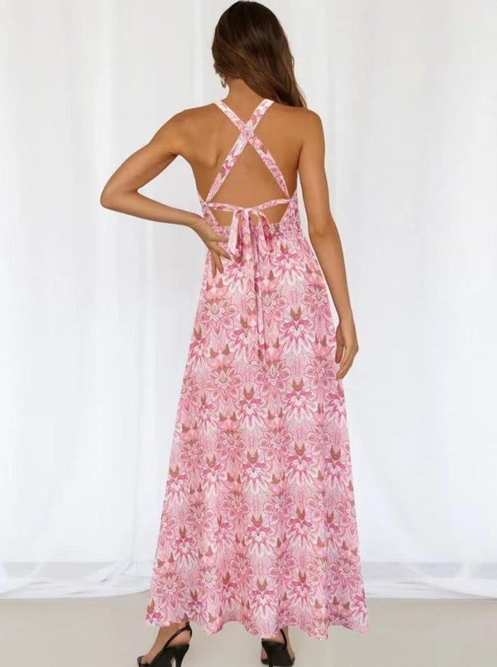 Floral Printed Halter Neck Racer Back Maxi Dress