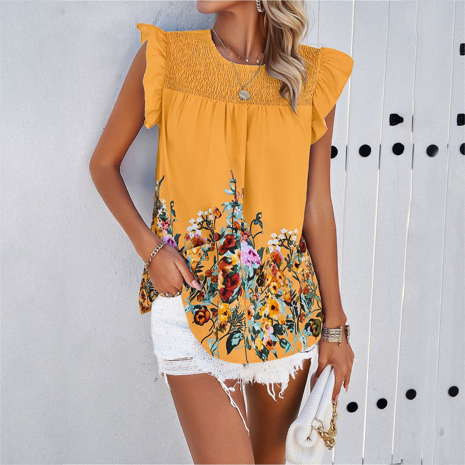 Yellow Round Neck Floral Printed Blouse