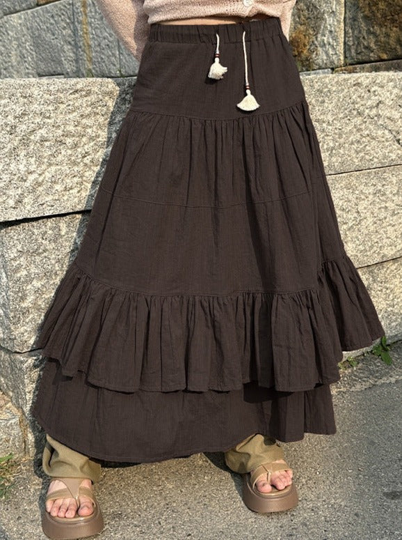 Brown Pleated Mid Length Maxi Skirt