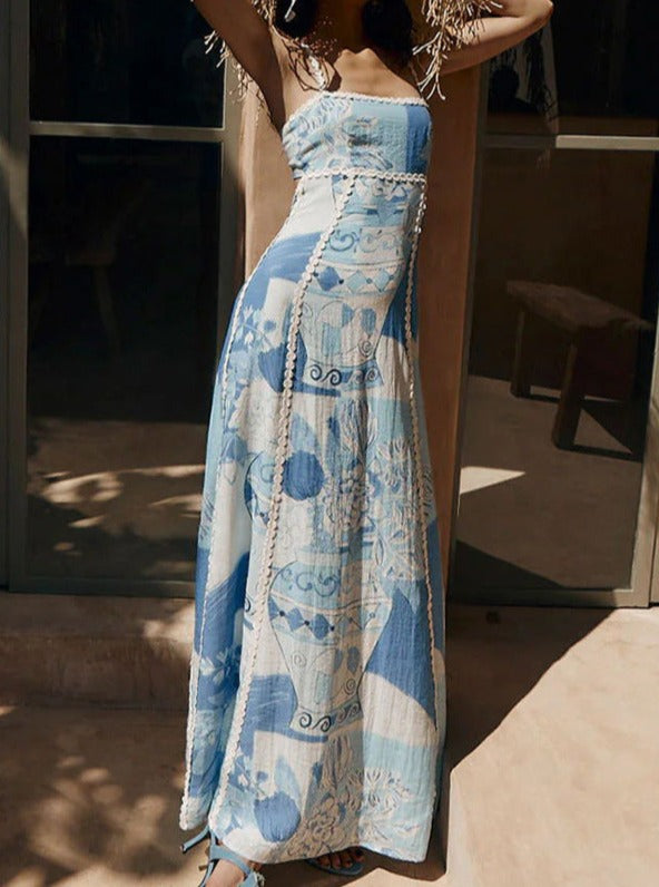 Retro Printed Suspender Maxi Dress