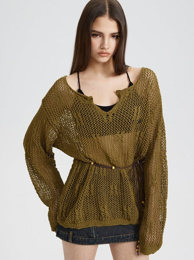 Sexy Bohemian Long-Sleeve Notch Neck Knitted Sweater with String Belt