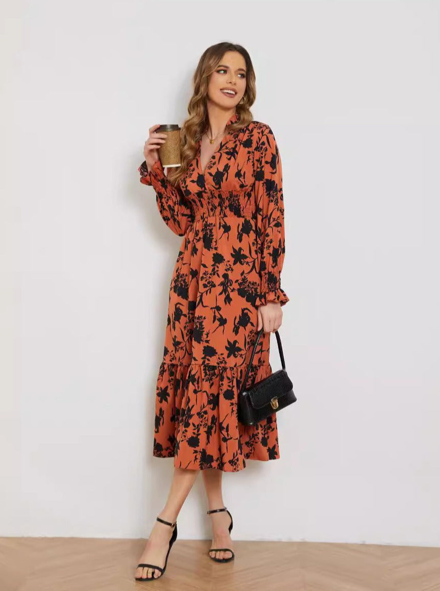 Floral Print V-Neck High Waist Long Sleeve Midi Dress