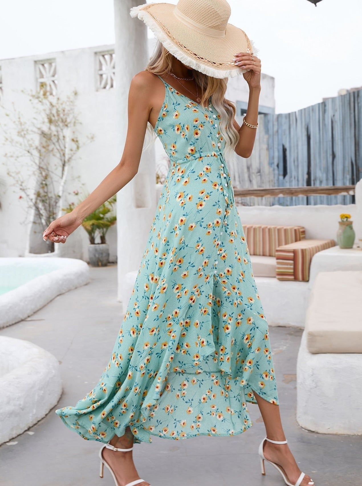 Teal Floral Asymmetrical Dress