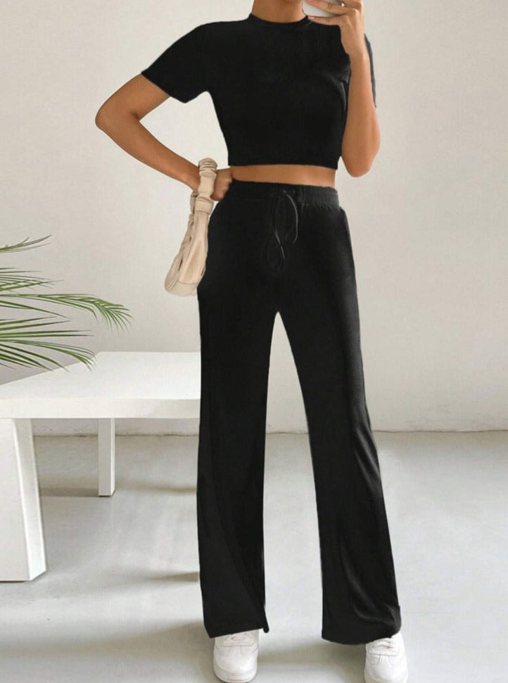 Black Wide Leg Pants and Crop Top Set