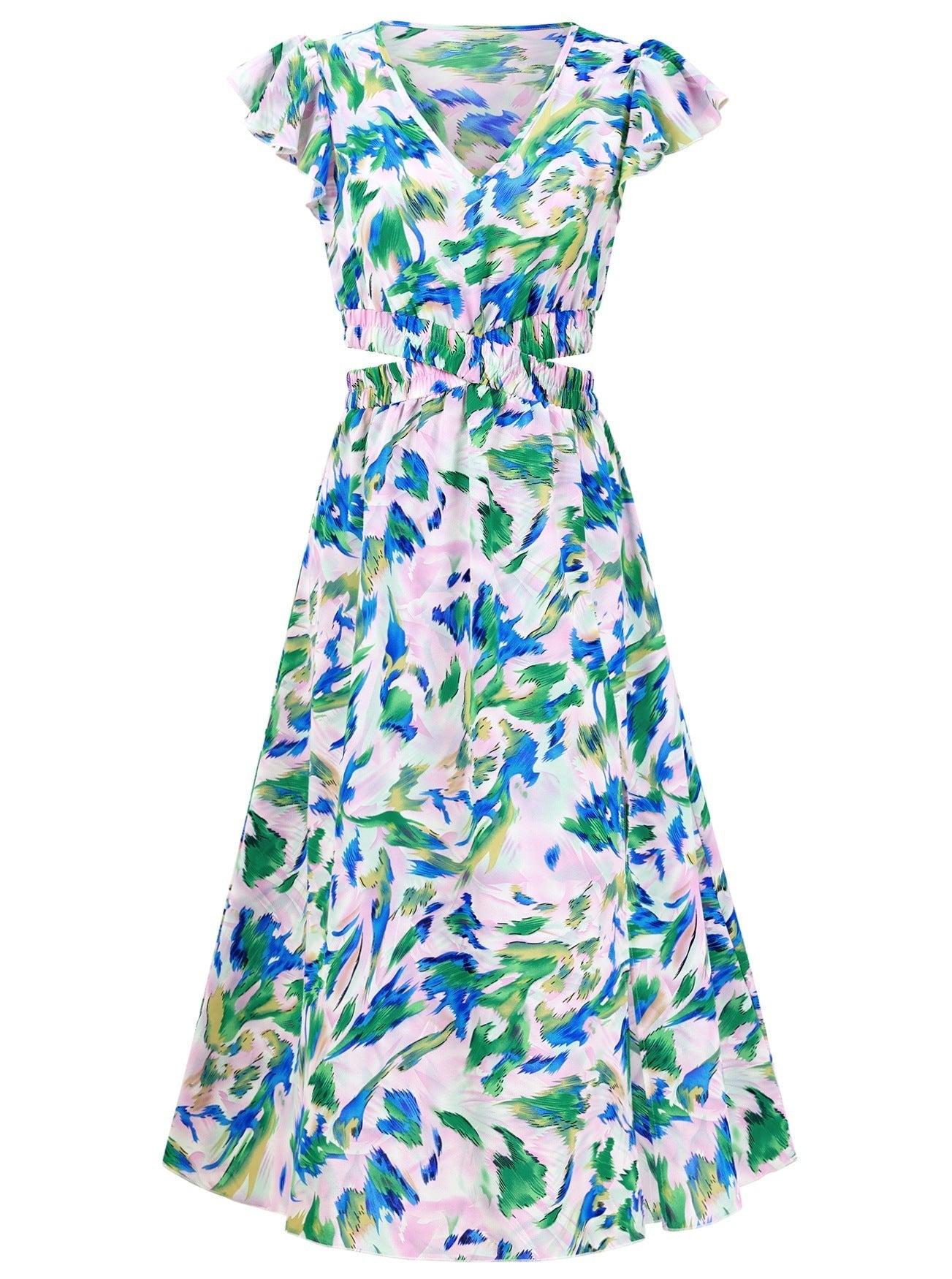 Summer Floral V-Neck Ruffle Midi Dress