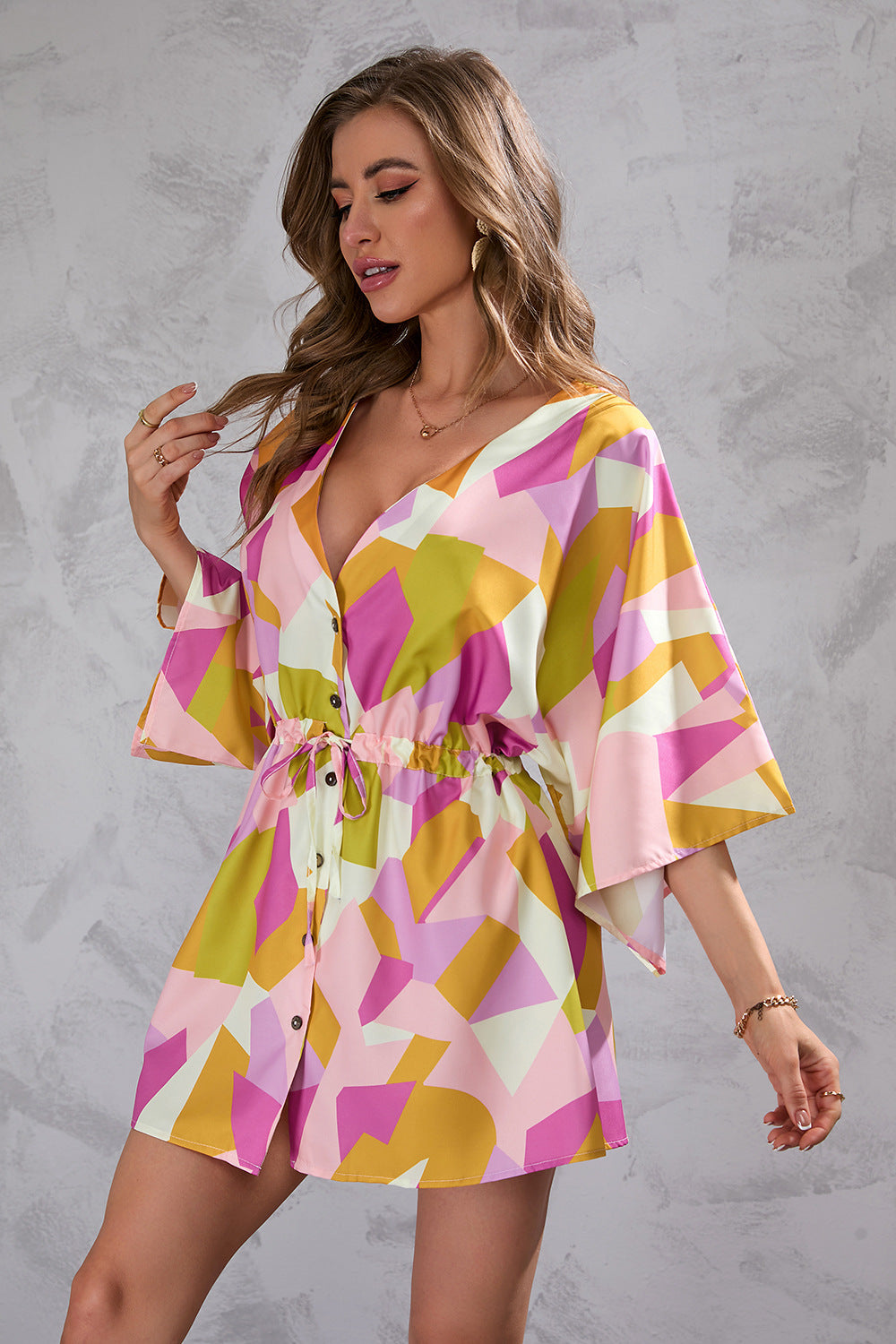 Tropical Pink Printed Half Sleeve Mini Dress