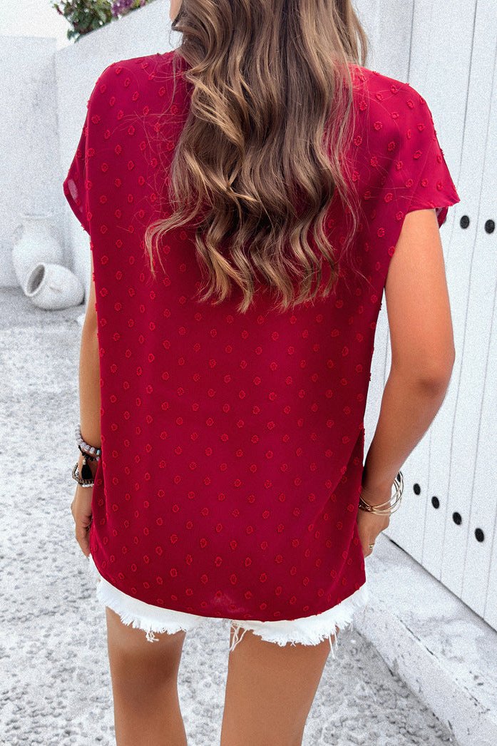 Red Chic Cap Sleeve V-Neck Embroidered Blouse