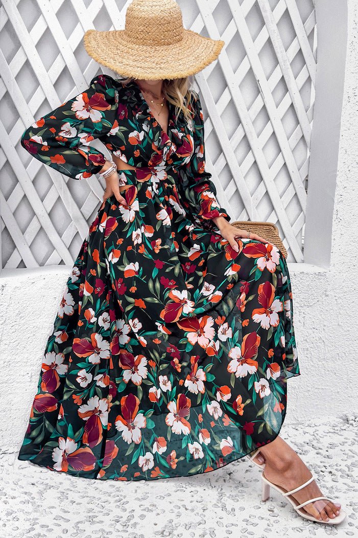 Long Sleeve Deep V-Neck Black Floral Maxi Dress