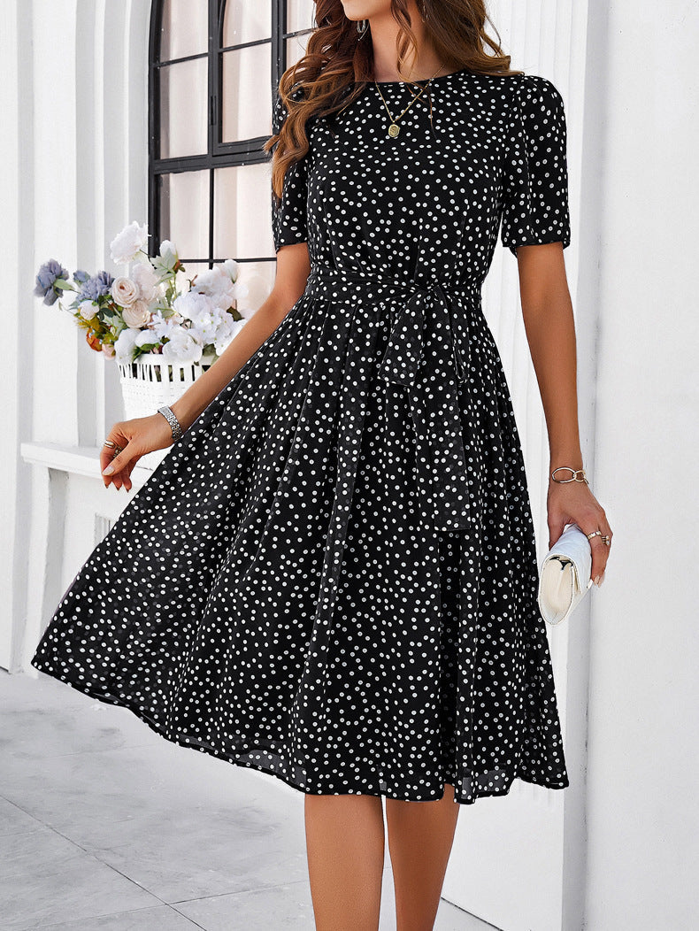 Elegant Black Chiffon Polka Dot Short Sleeve Midi Dress