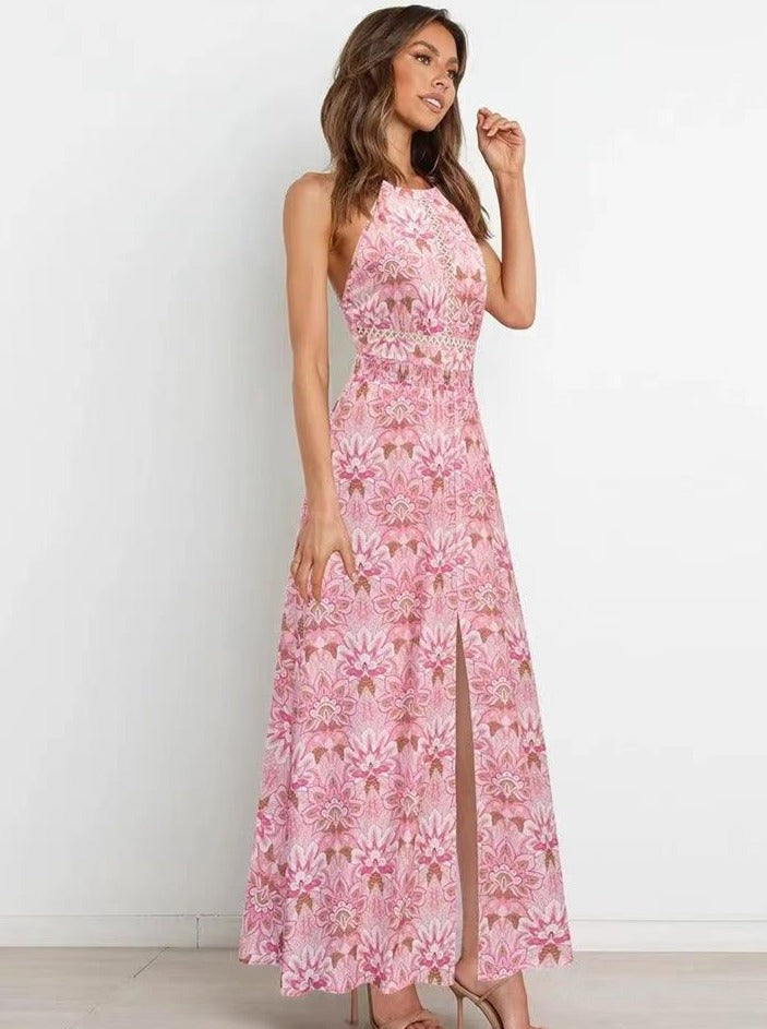 Floral Printed Halter Neck Racer Back Maxi Dress