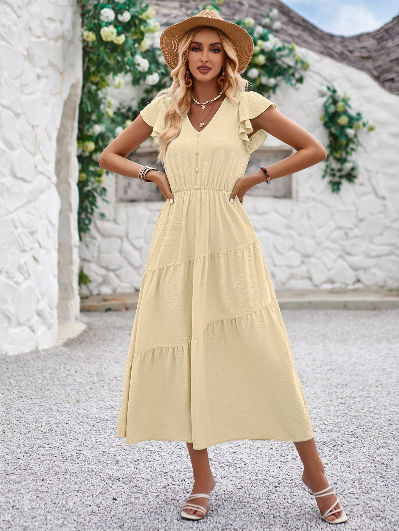 Solid Color V-Neck Layered Sundress