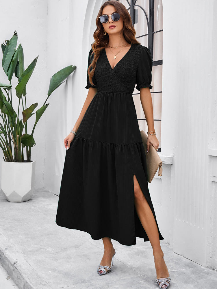 Elegant Midikleid Mit Schlitz Langarm V-Ausschnitt - Sommer Kleider Verschiedene Farben