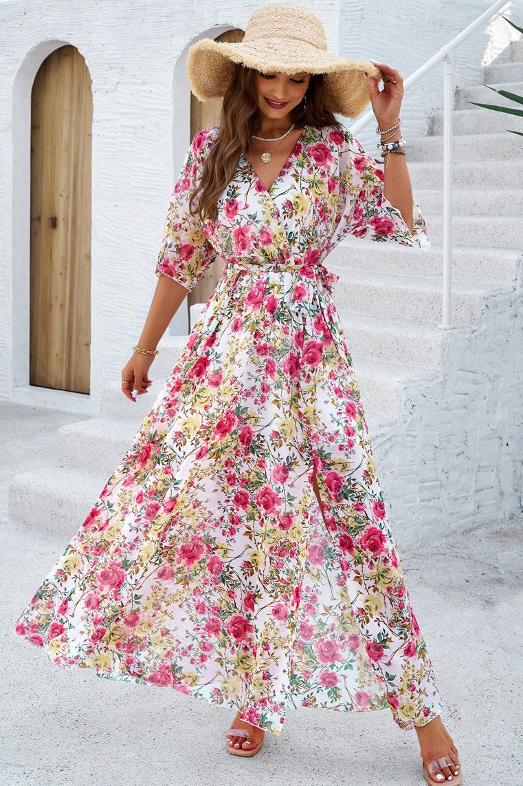 Pink Floral V-Neck Wrap Around Belted Midi Dress