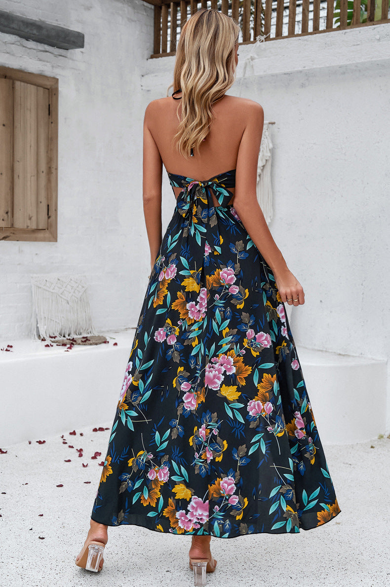 Classy V-Neck Halter Floral Maxi Dress