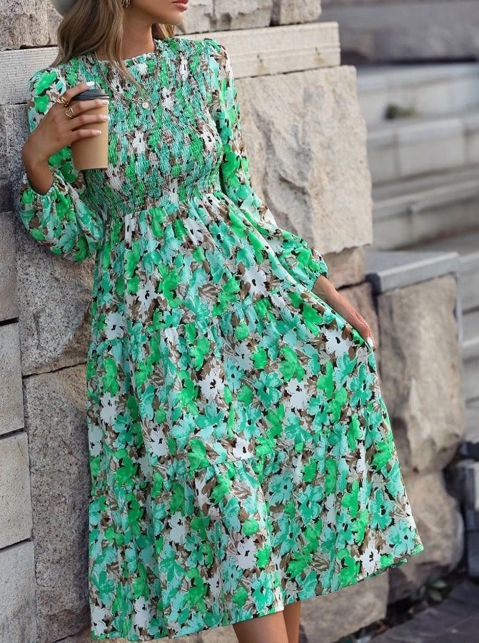 Floral Printed Lantern Sleeve Flared Dress