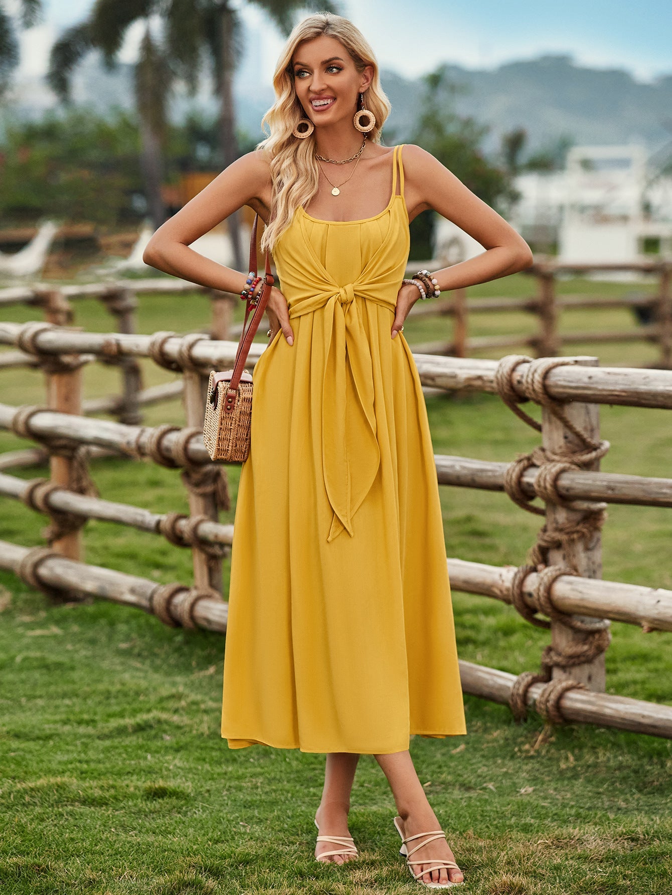 Solid Color Sleeveless Tie Waist Dress