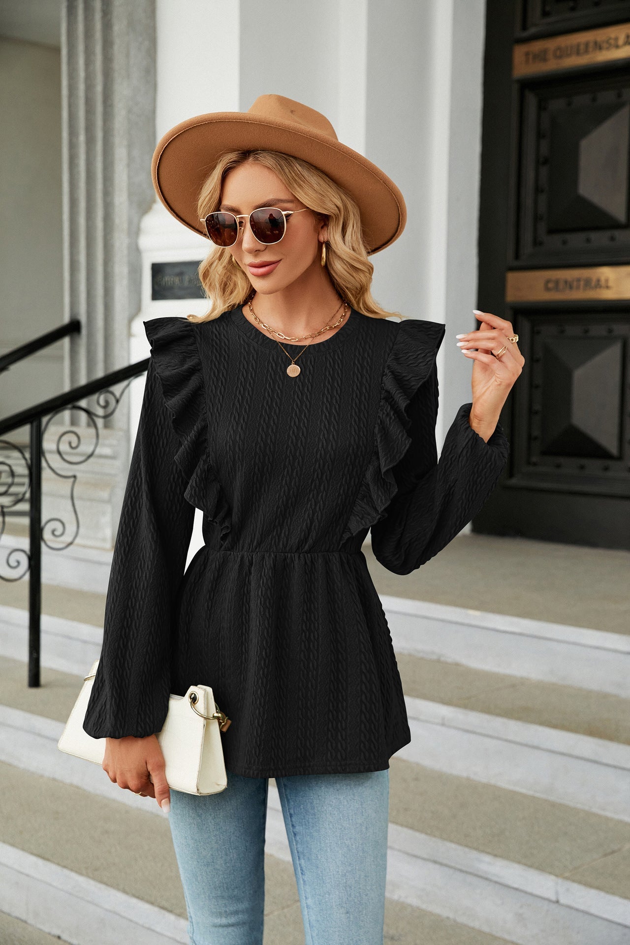 Classic Black Long Sleeve Round Neck Ruffle Blouse