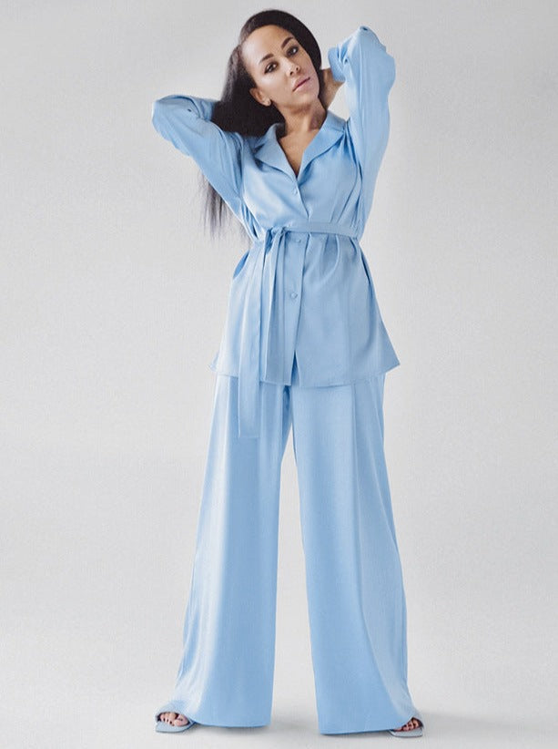 Elegant Two Piece French V-Neck Nightwear Wide Leg Pants