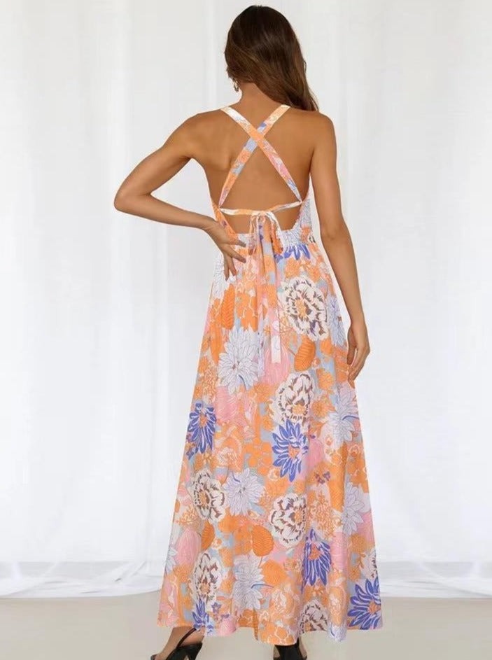 Floral Printed Halter Neck Racer Back Maxi Dress