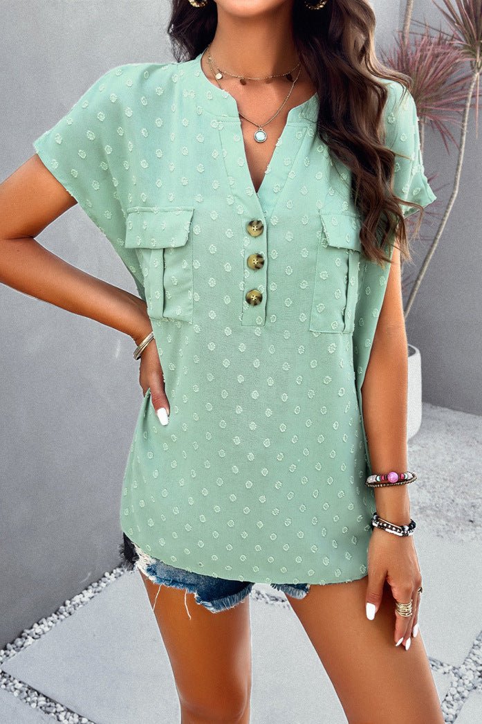 Aquamarine Chic Cap Sleeve V-Neck Embroidered Blouse