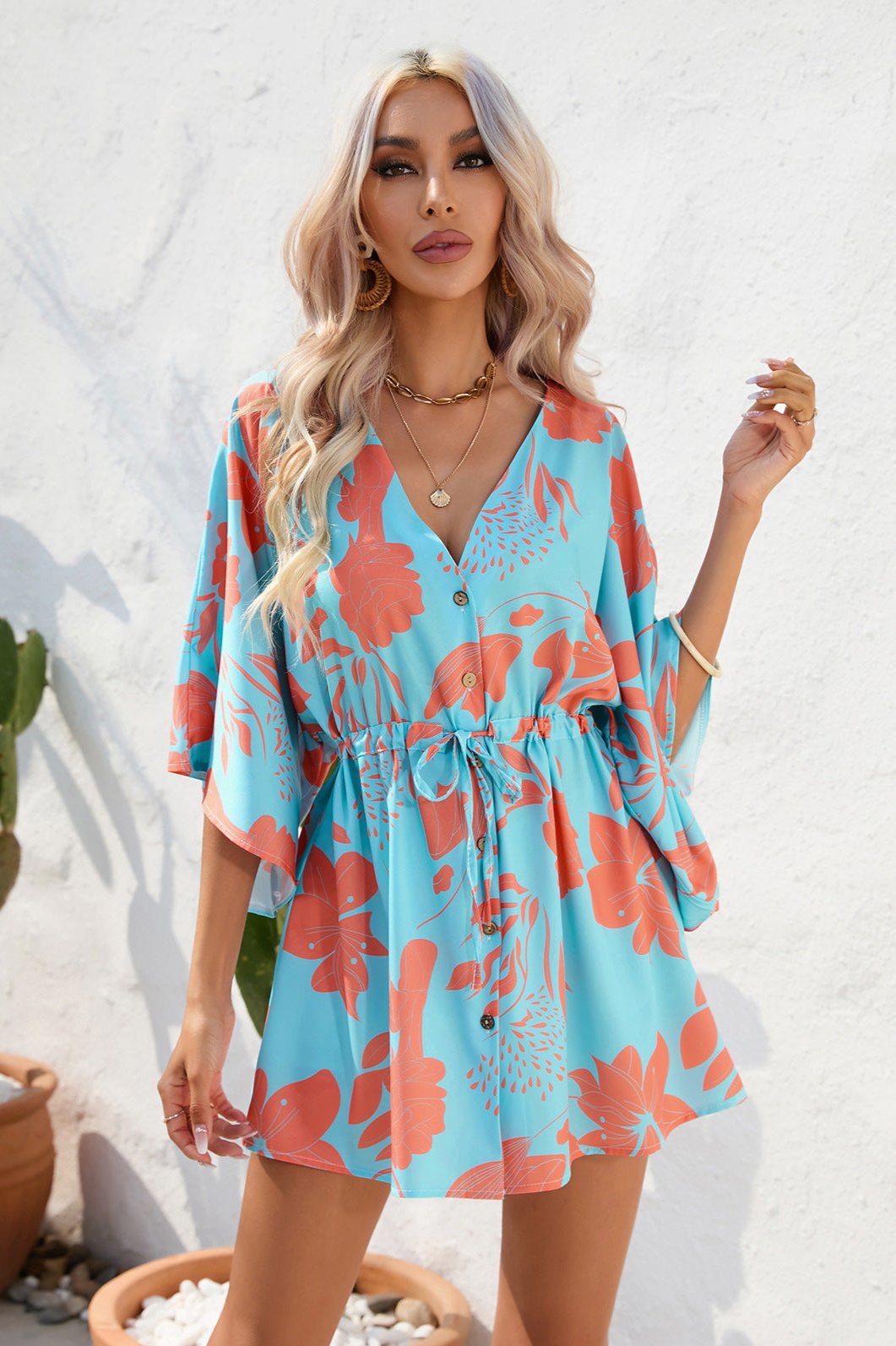 Tropical Blue Printed Half Sleeve Mini Dress