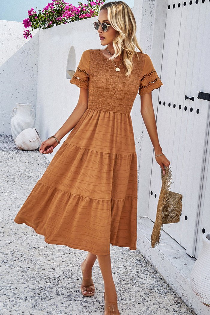 Casual Solid Crochet Lace Sleeve A-Line Midi Dress