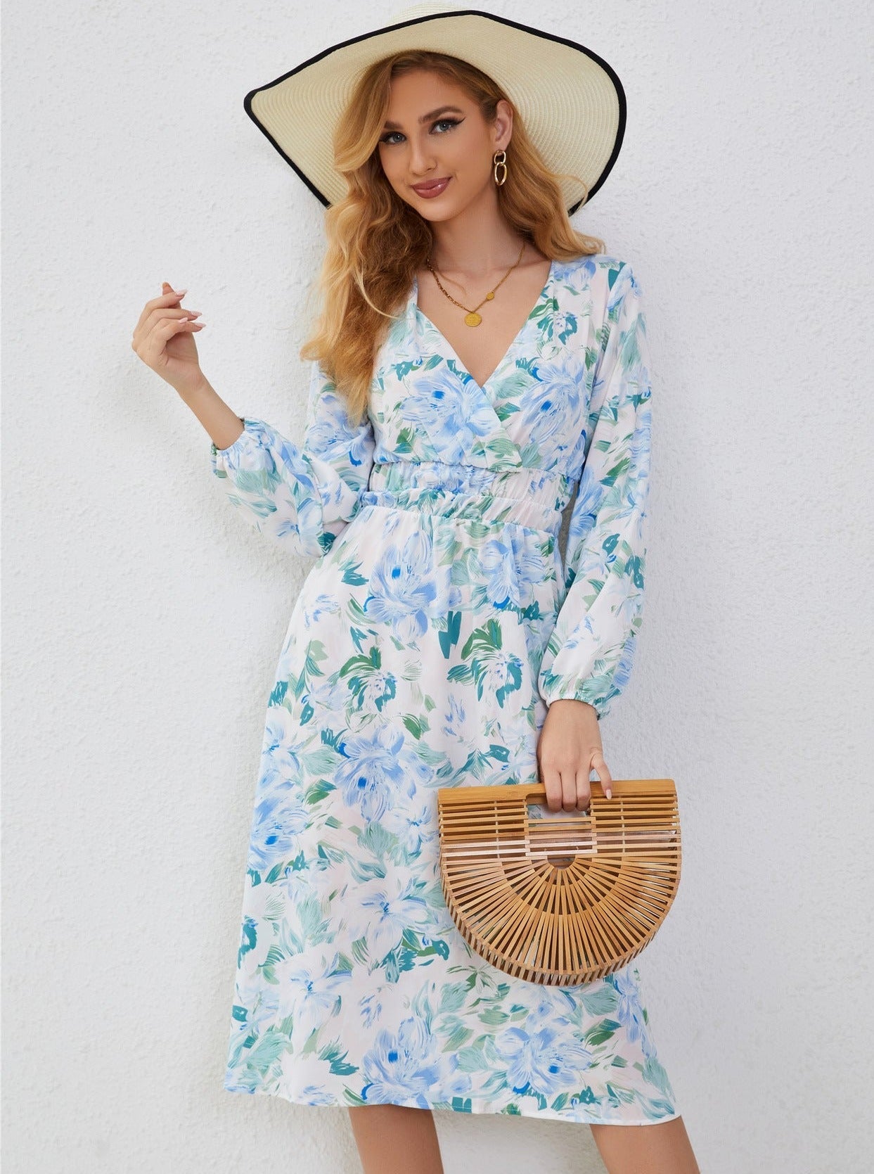 Floral Print Lantern Sleeve V-Neck Midi Dress