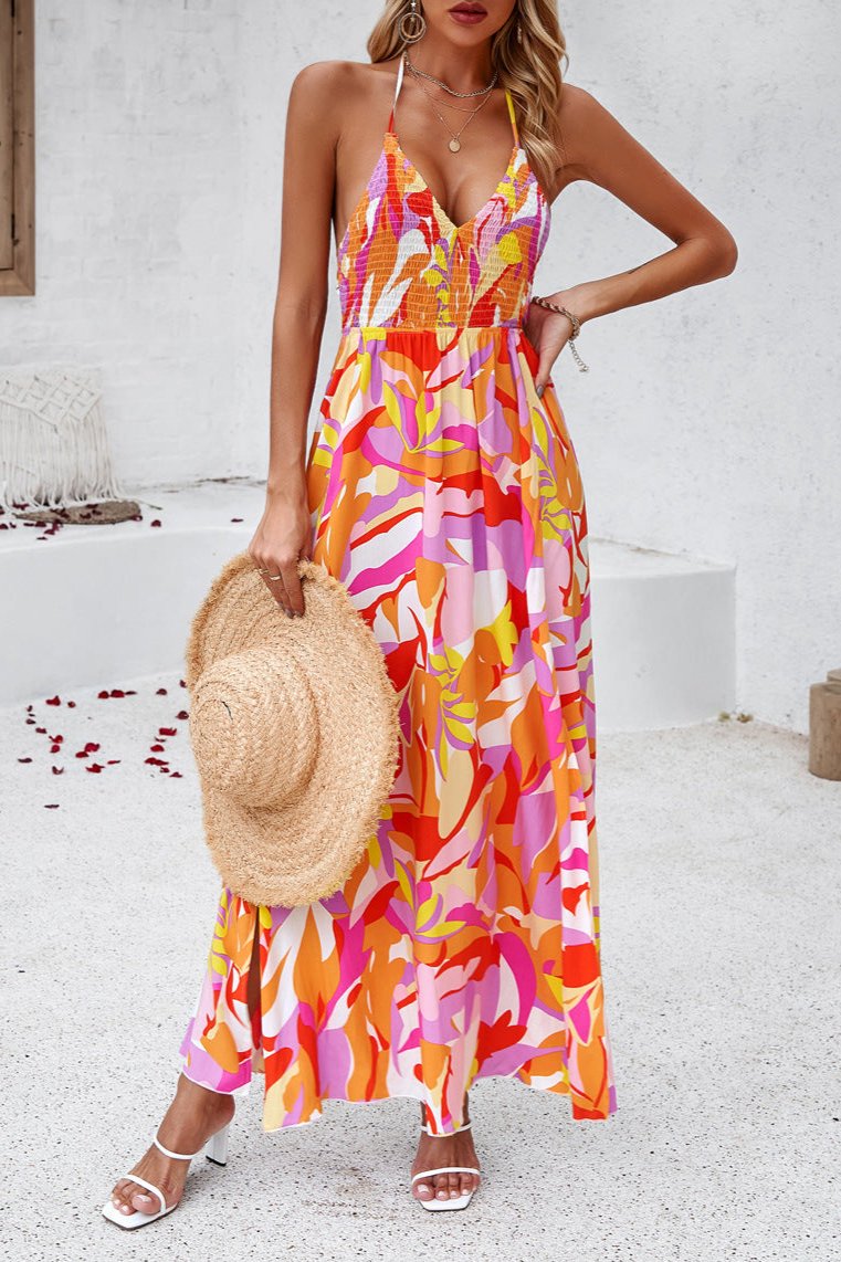 Classy Red V-Neck Halter Floral Maxi Dress