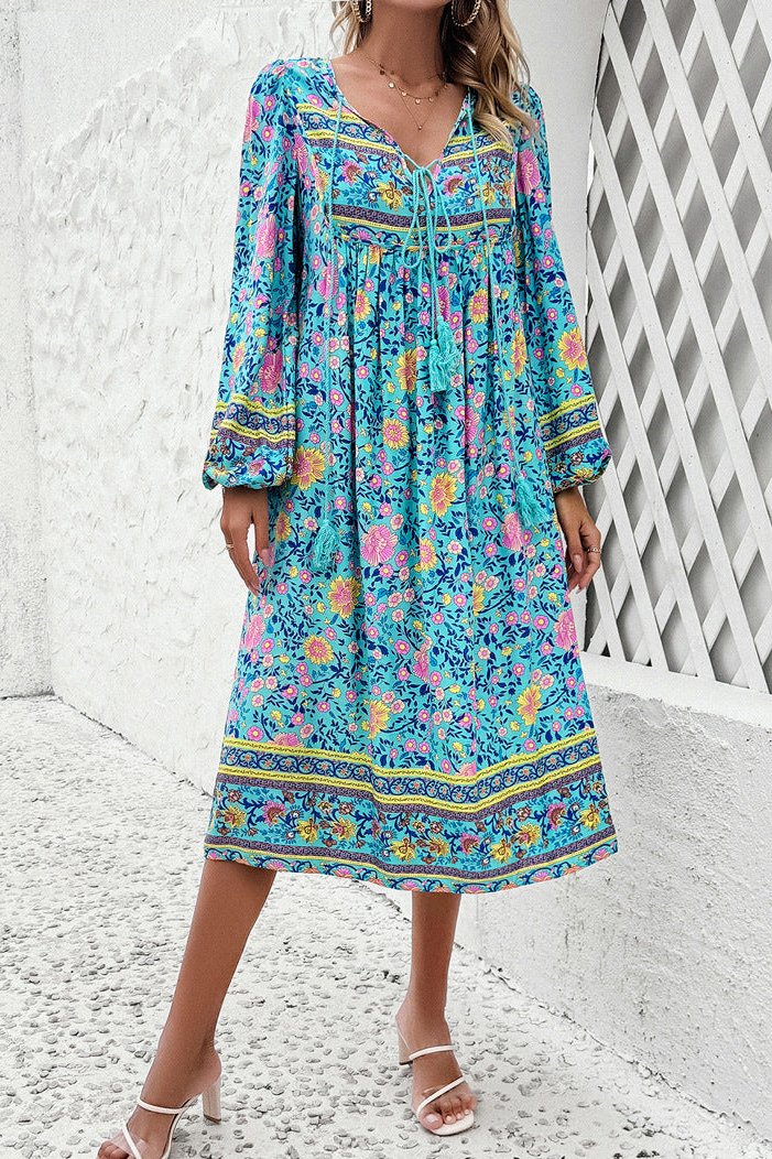 Boho Midikleid Langarm Ethno-Muster Blumenkleid - Lässiges Sommerkleid