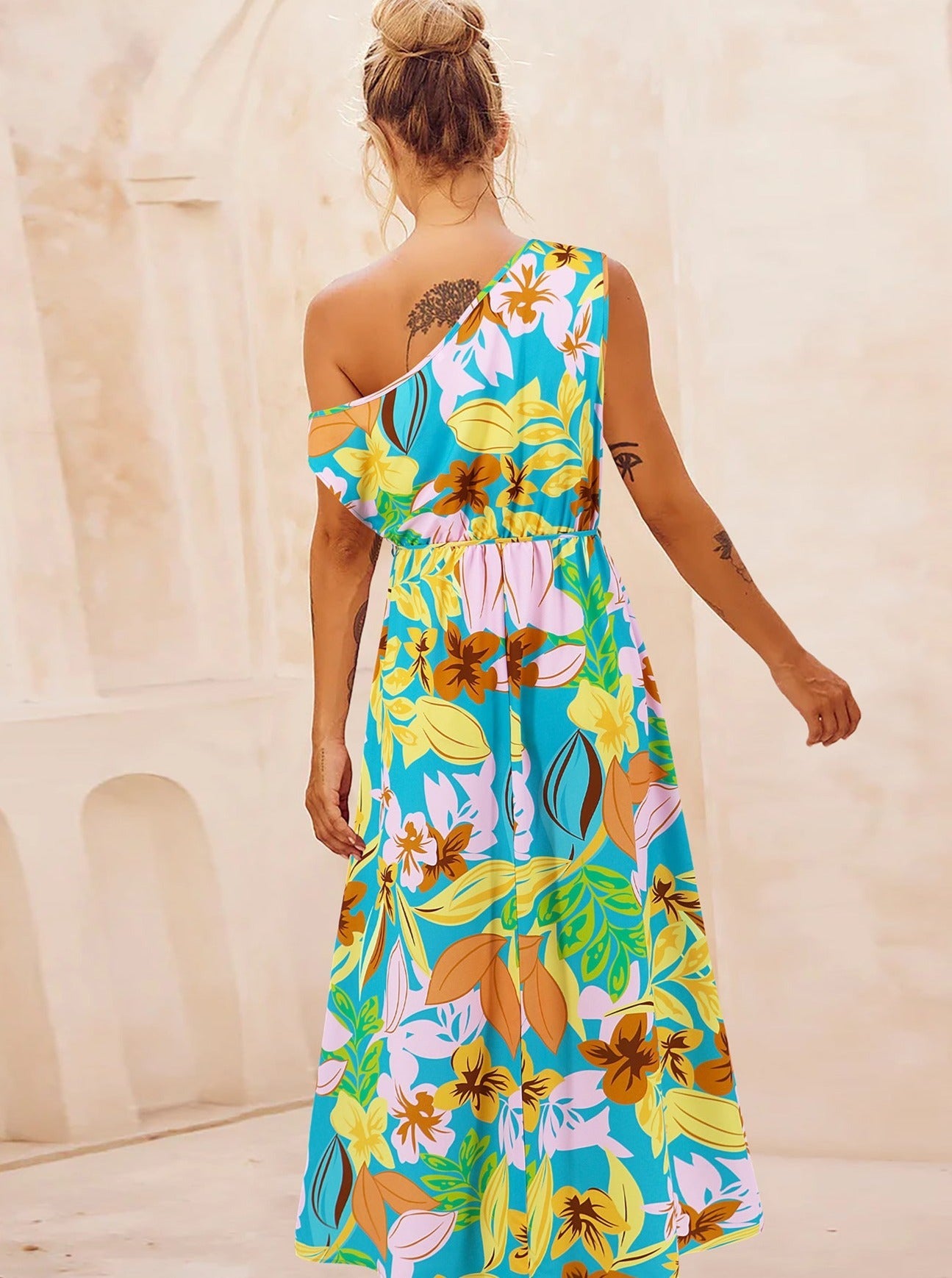 Floral Print Slant Shoulder Belted Long Dress