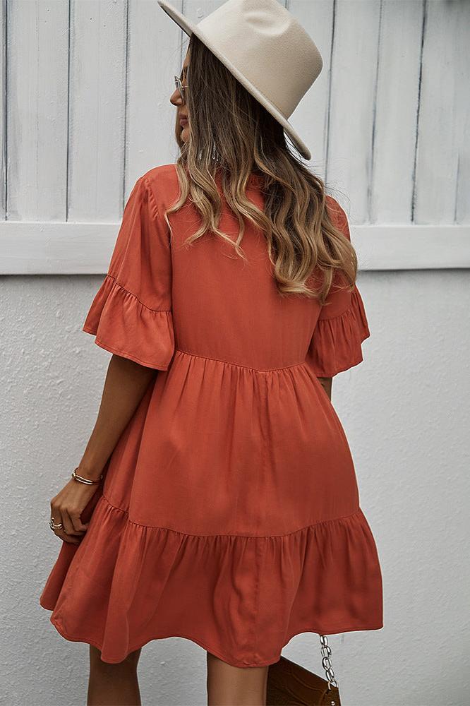 Orange Sexy Frill V-Neck Drawstring Tie Smock Dress