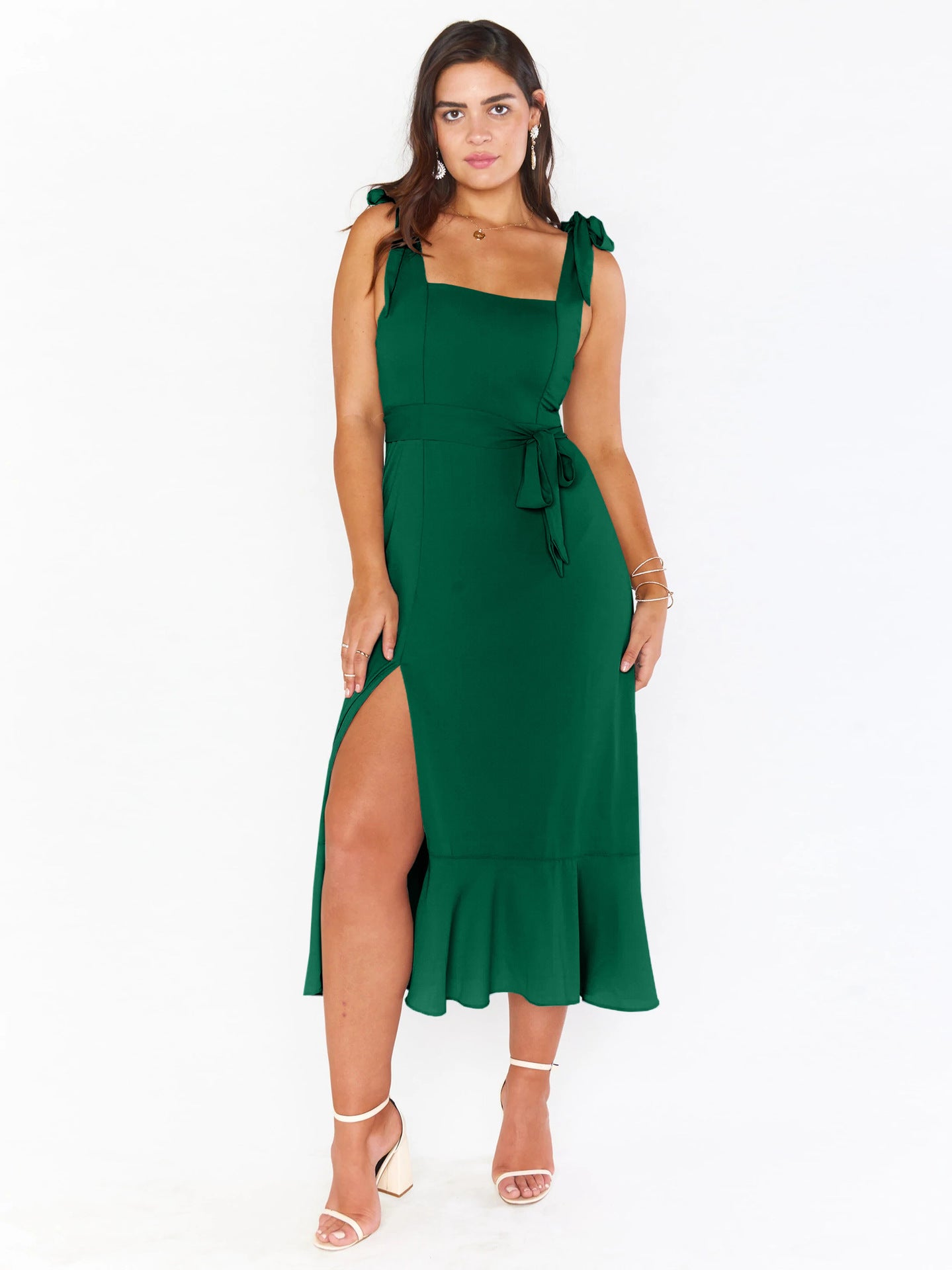 Elegant Solid Color Square Neck Midi Dress