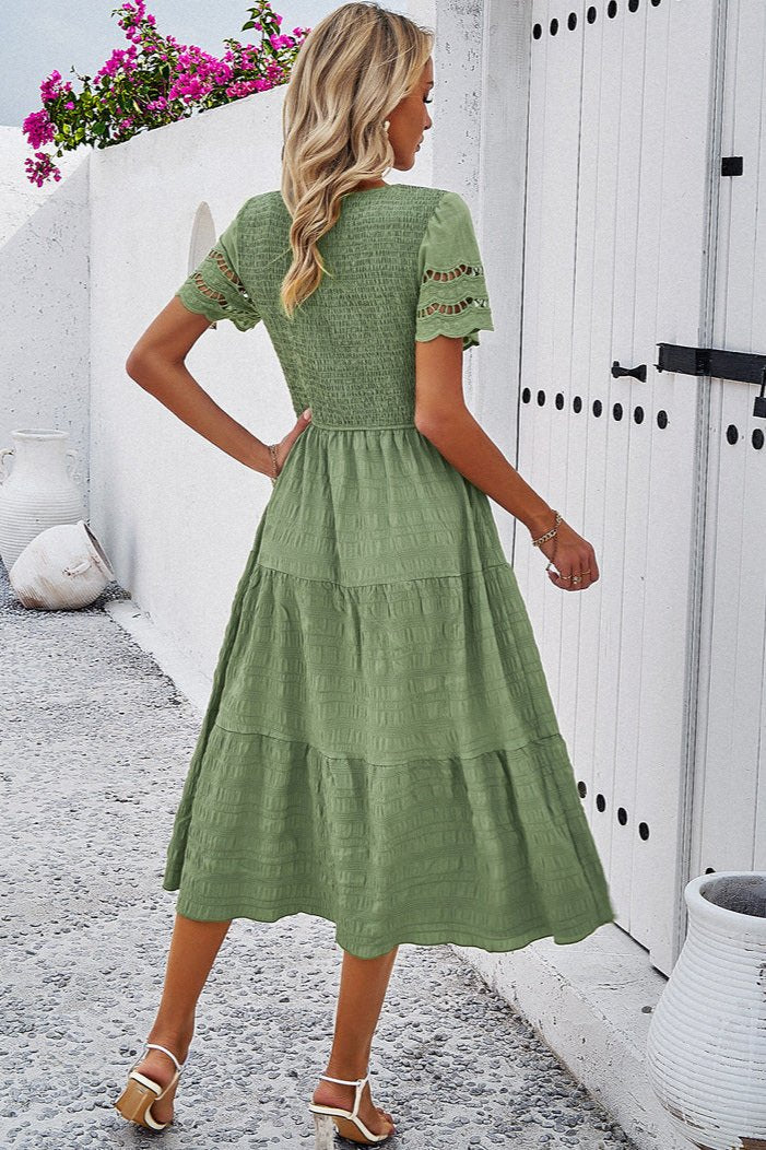 Green Casual Solid Crochet Lace Sleeve A-Line Midi Dress