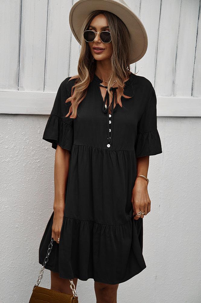 Black Sexy Frill V-Neck Drawstring Tie Smock Dress