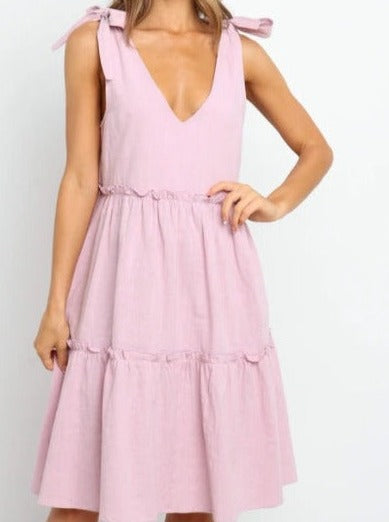 Solid Color Tie Shoulder Layered Dress