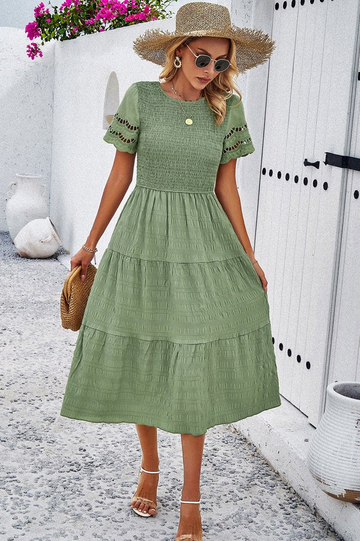 Green Casual Solid Crochet Lace Sleeve A-Line Midi Dress