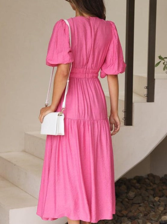 Solid Color Fluff Sleeve V-Neck Pleated Dress