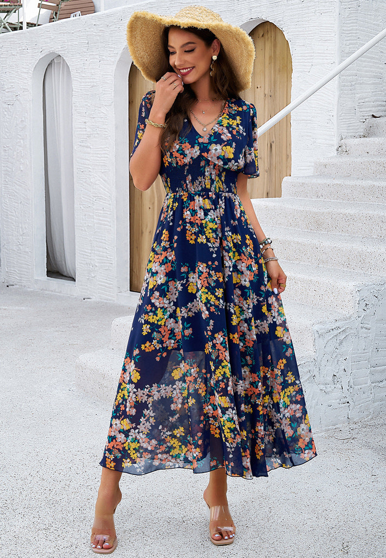 Deep Blue Floral Printed V-Neck Sundress