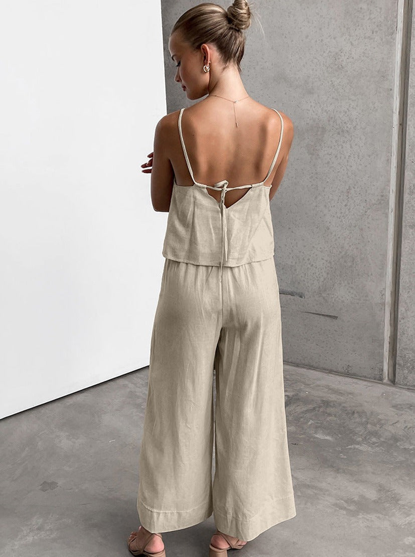 Lace-Up Casual Sleeveless Top Wide Leg Pants Two Piece Set