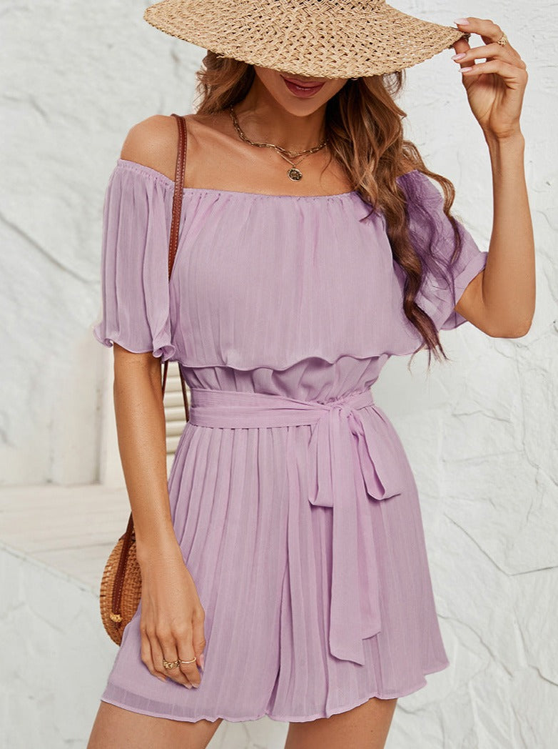 Purple Off-Shoulder Pleated Collar Jumpsuit