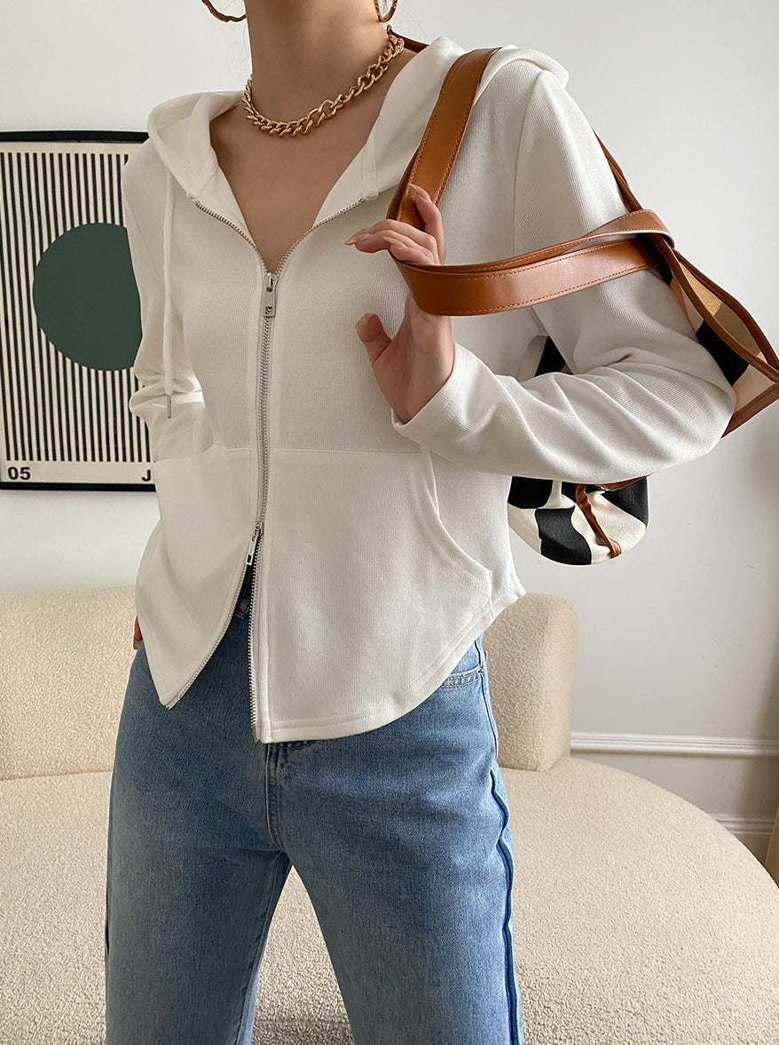 White Slim Double Zipper Hooded Sweatshirt