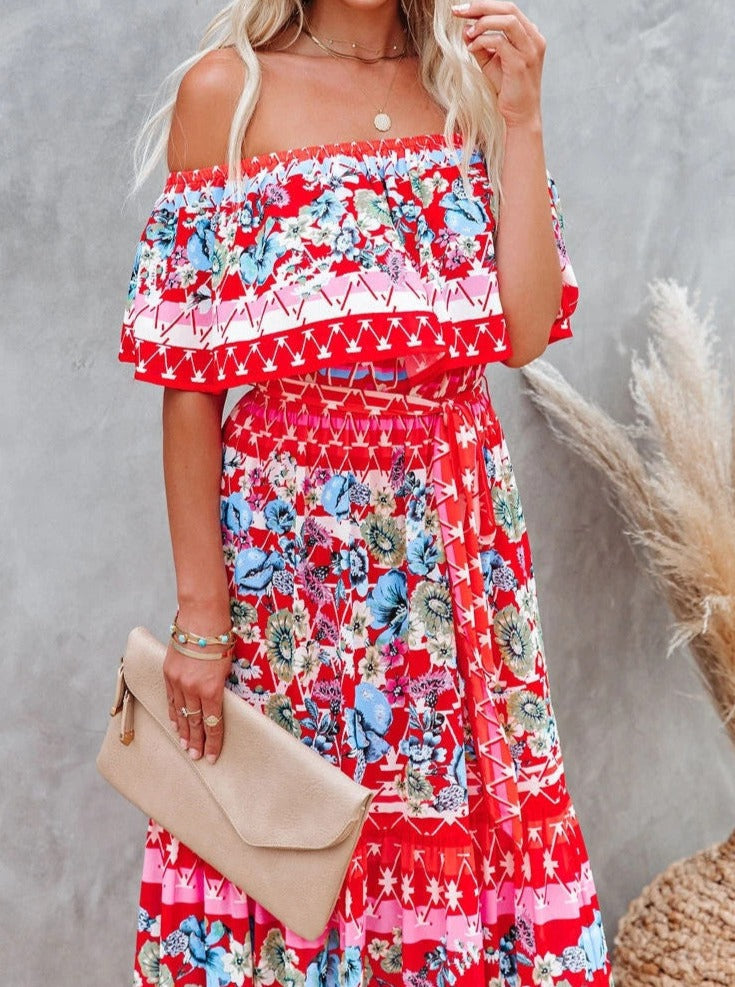 Red Floral Retro Printed Off Shoulder Maxi Dress