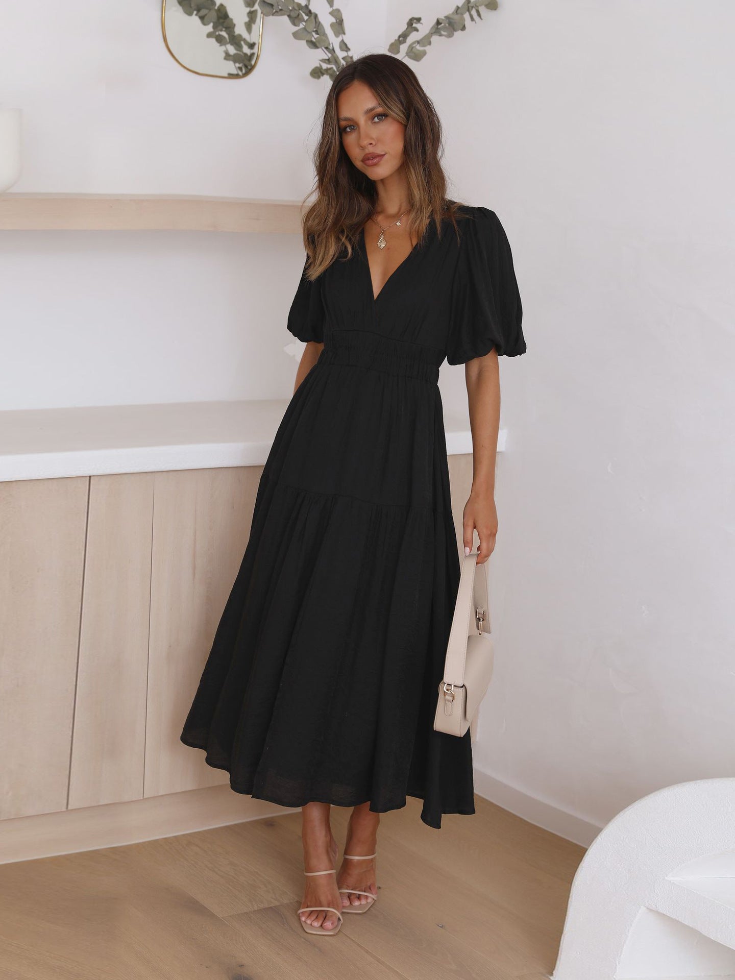 Black Deep V-Neck Puff Sleeve Layered Dress