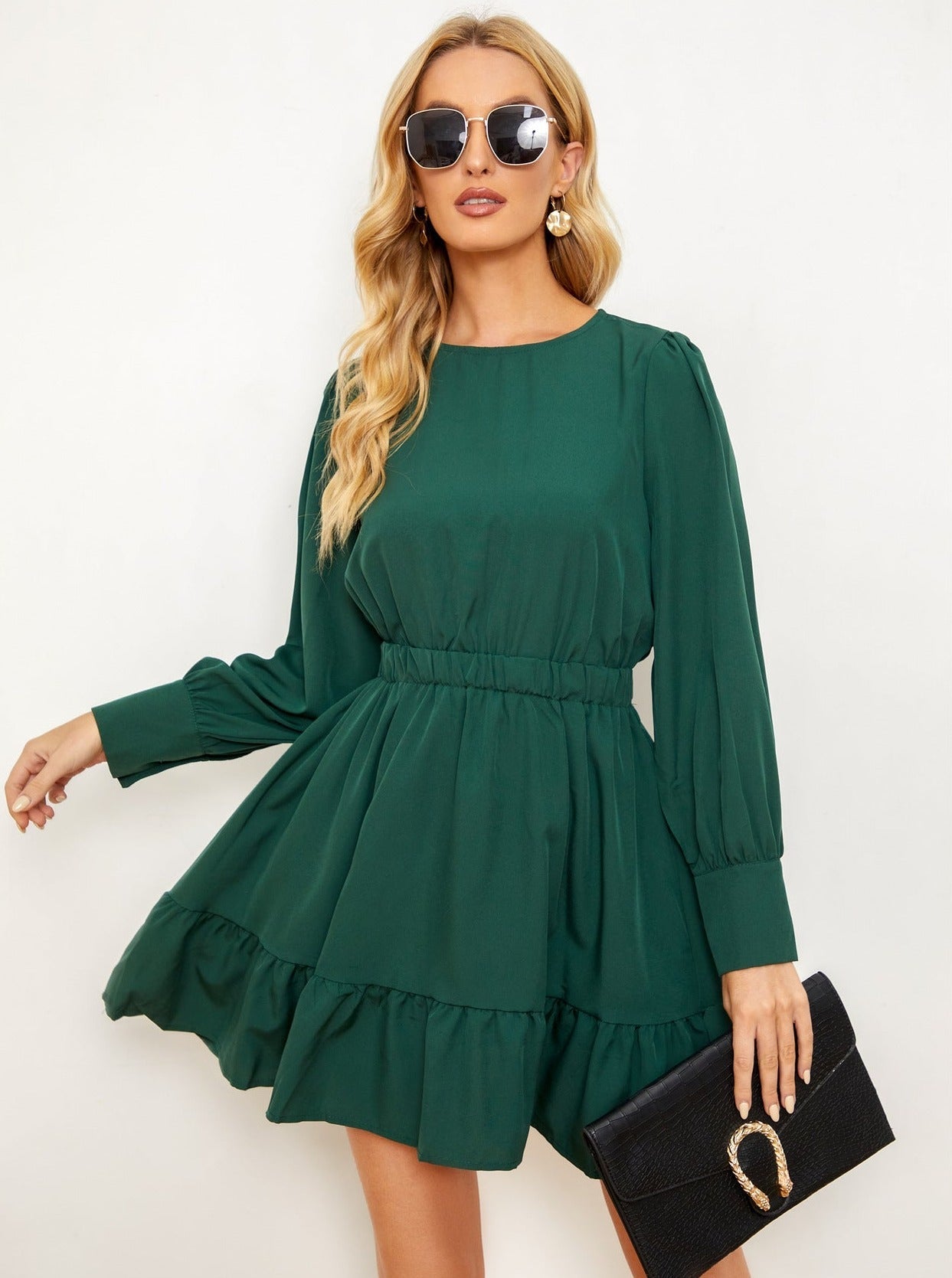 Solid Color Ruffle Long Sleeve Short Dress