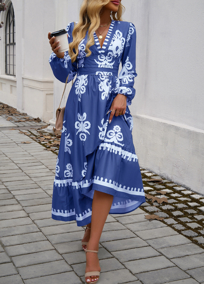 Chic Ethnic Print V-Neck Midi Dress